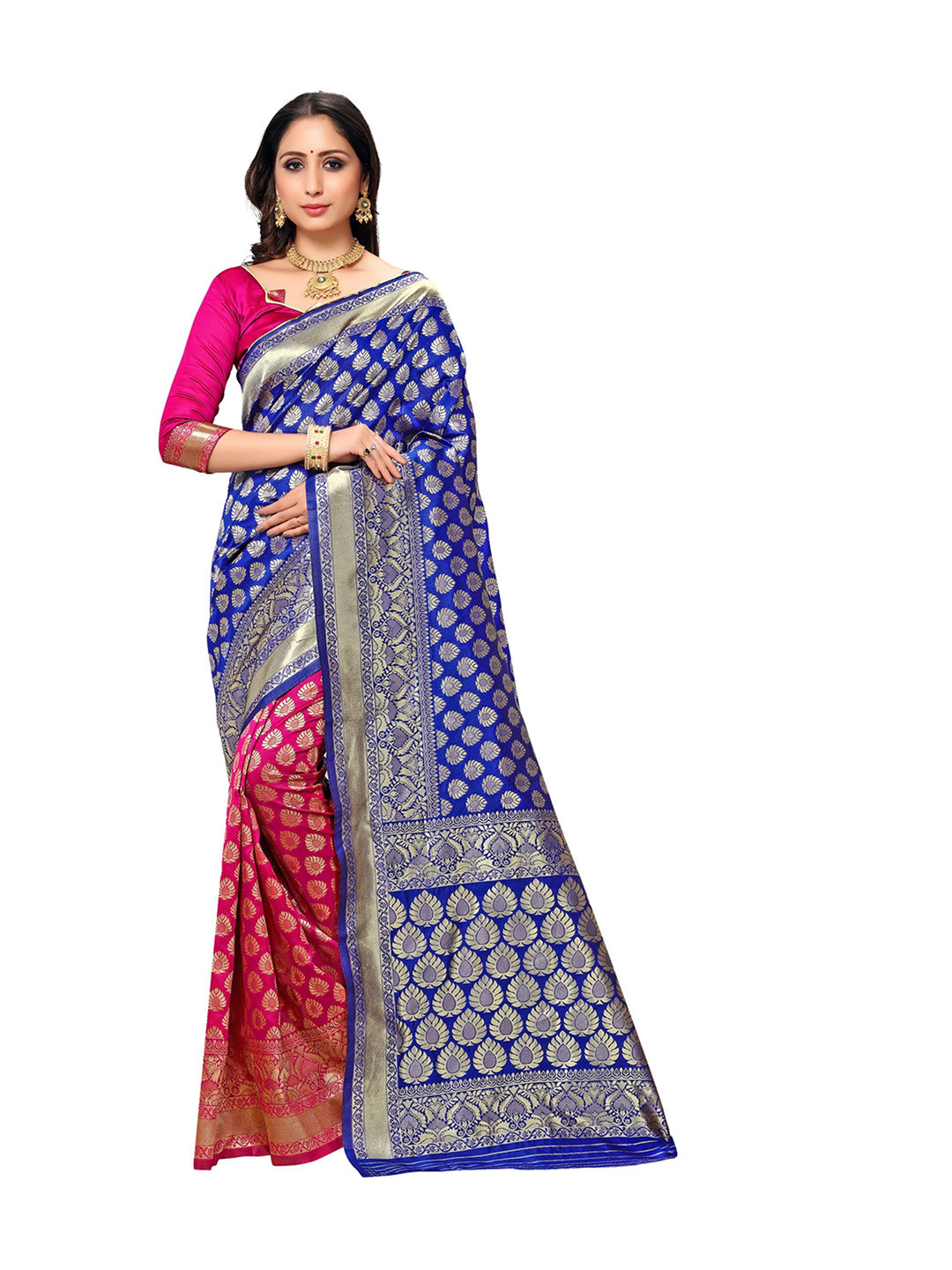 

KALINI Women Navy Blue & Pink Woven Design Silk Blend Half and Half Saree