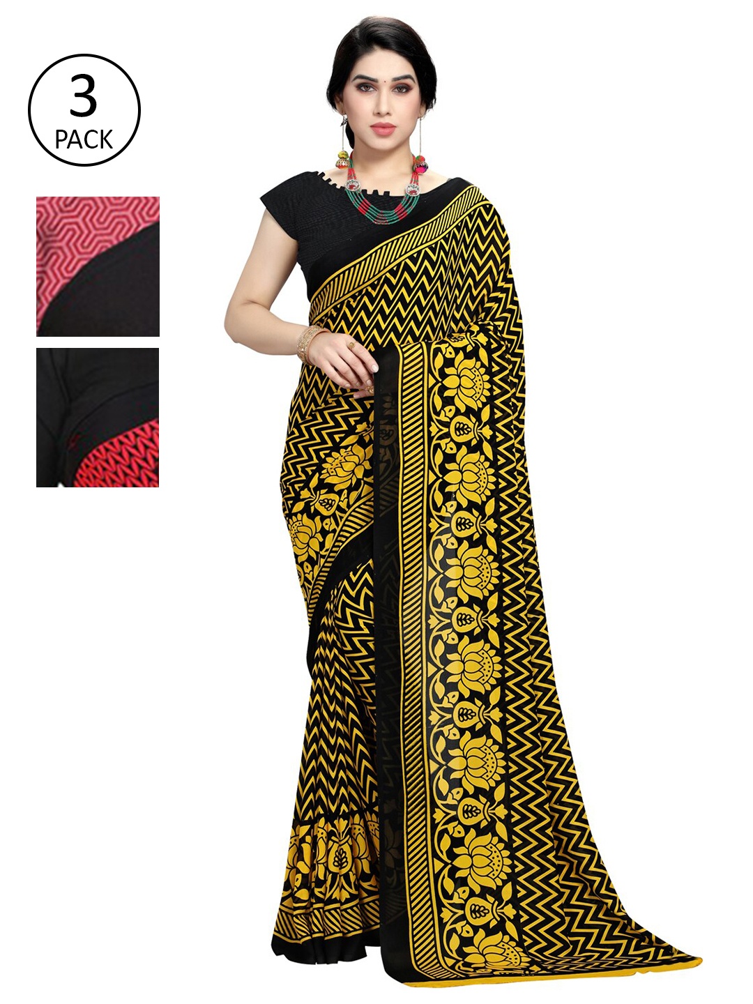 

KALINI Pack Of 3 Multicoloured Printed Sarees, Yellow