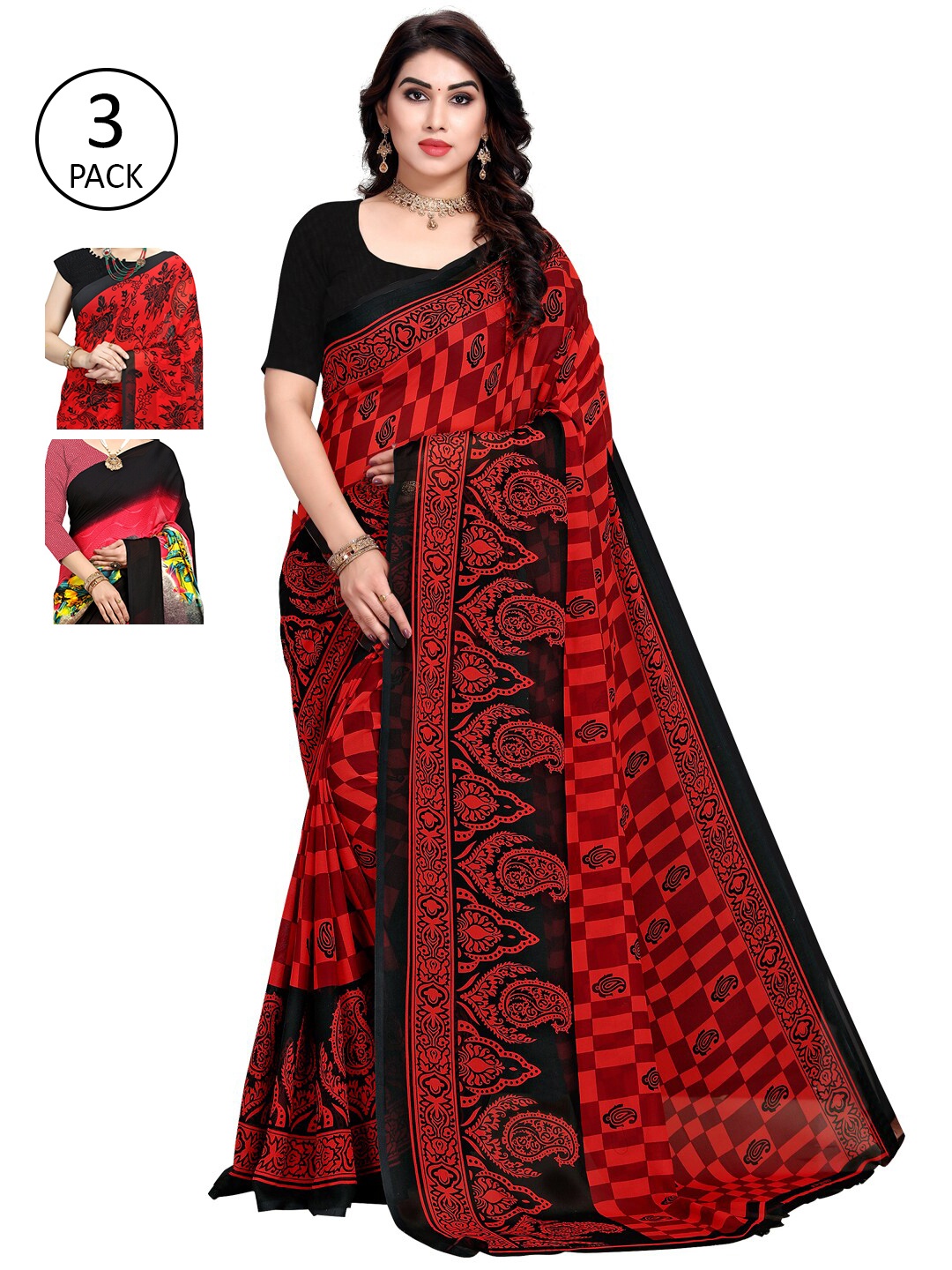 

KALINI Pack Of 3 Multicoloured Printed Sarees, Red