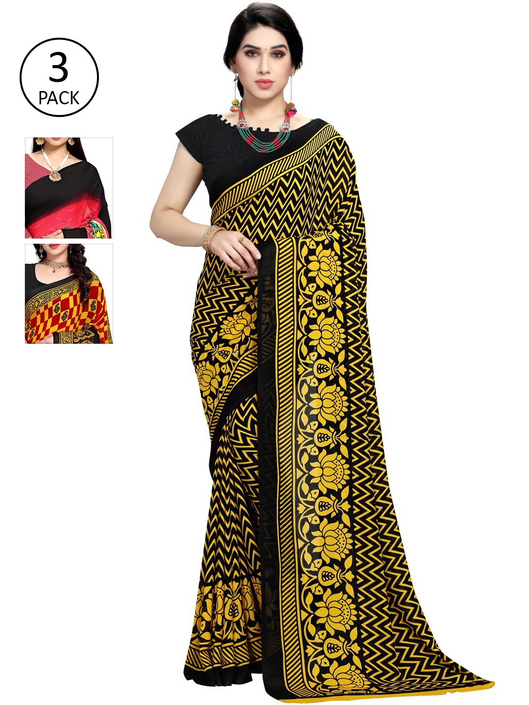 

KALINI Pack Of 3 Printed Sarees, Yellow