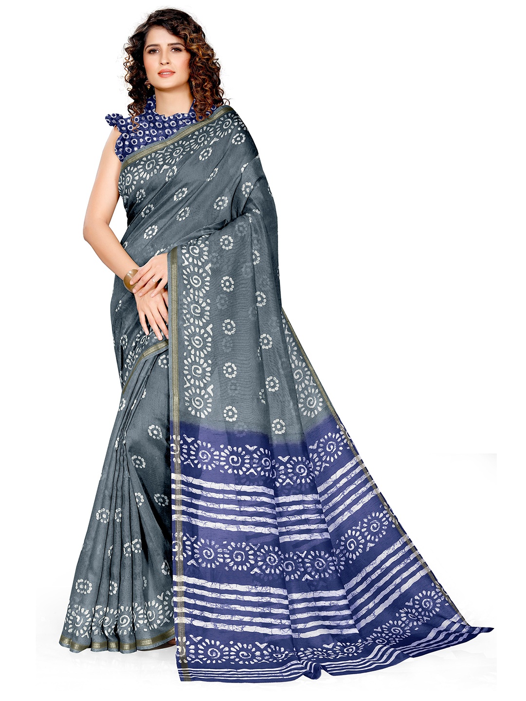 

KALINI Grey & Navy Blue Batik Poly Cotton Saree