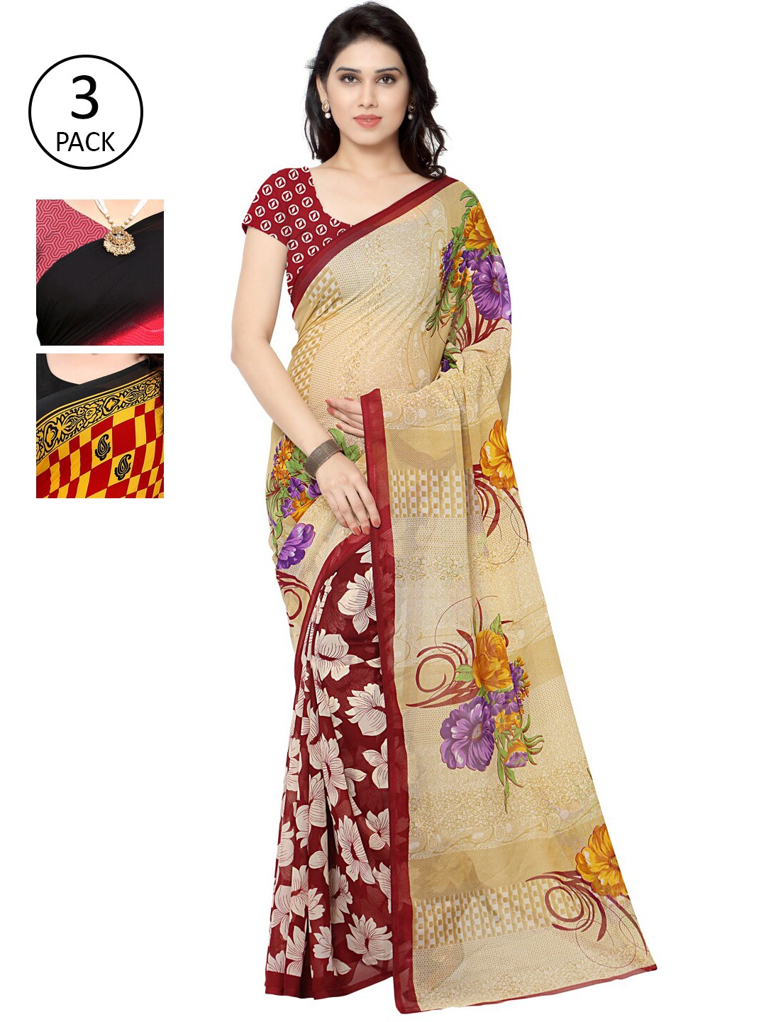 

KALINI Pack Of 3 Printed Sarees, Pink