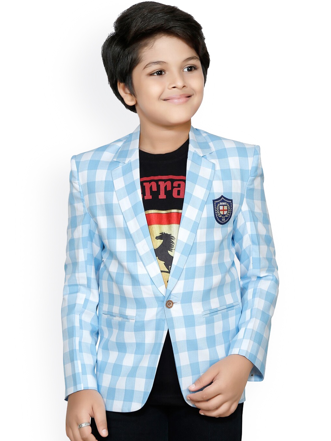 

RIKIDOOS Boys Blue & White Checked Cotton Comfort-Fit Single-Breasted Blazer
