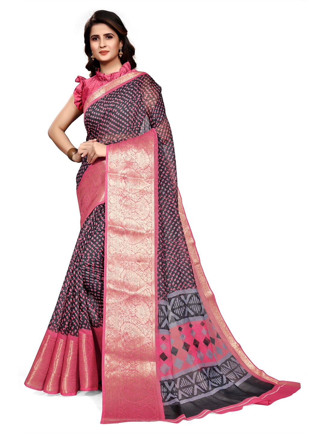 

KALINI Black & Pink Geometric Zari Saree