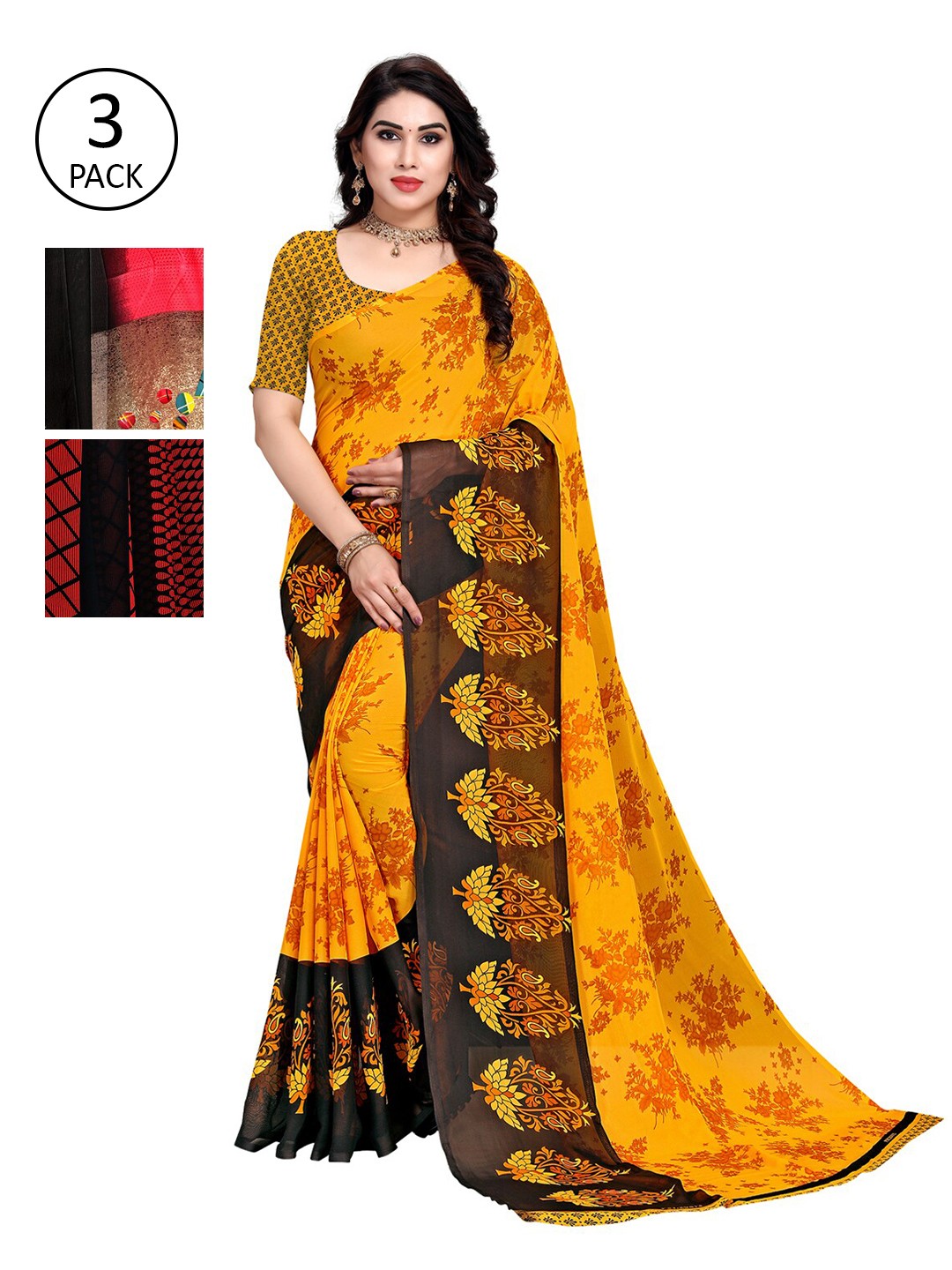 

KALINI Pack Of 3 Multicoloured Printed Sarees, Red