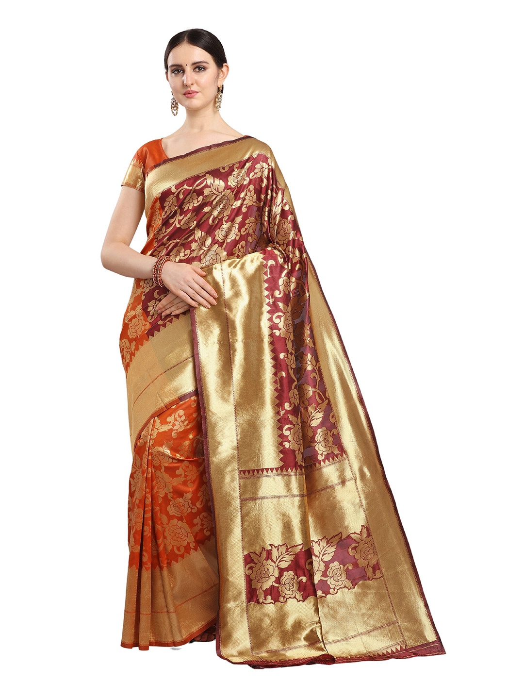 

KALINI Orange & Maroon Floral Zari Banarasi Saree