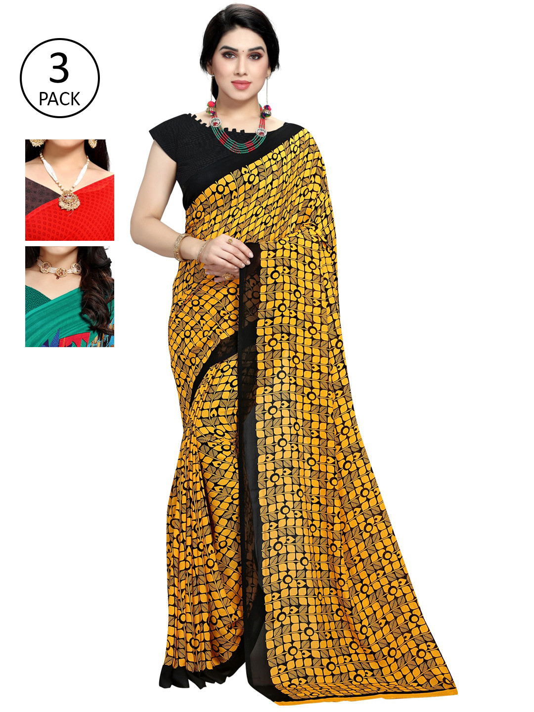 

KALINI Pack of 3 Poly Georgette Sarees, Red
