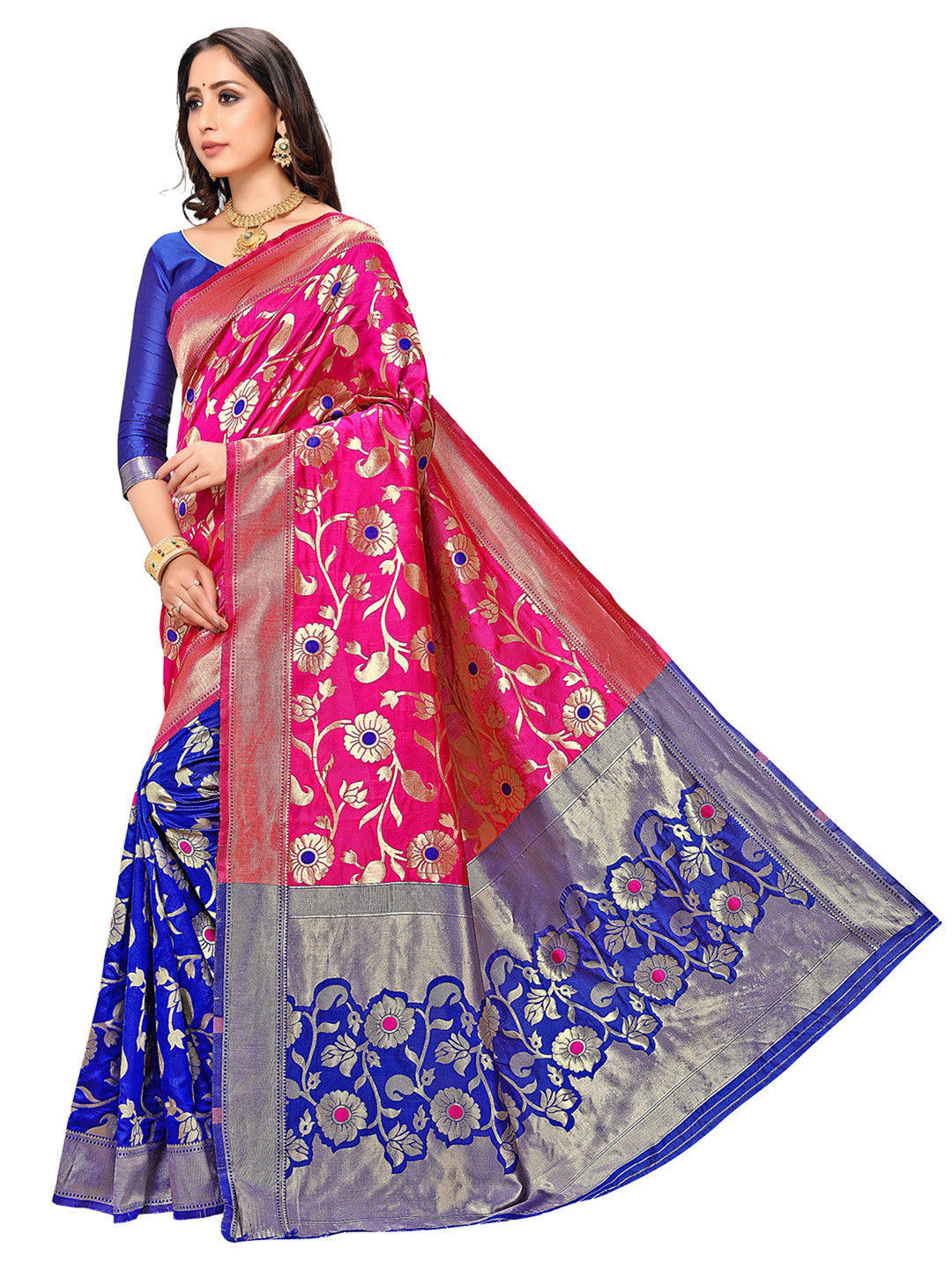 

KALINI Pink & Blue Floral Zari Silk Blend Banarasi Saree