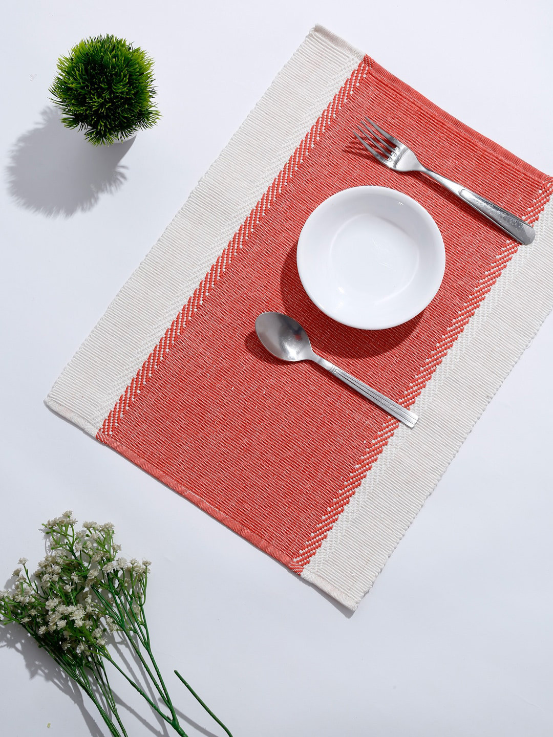 

Fabindia Set Of 4 Coral-Coloured & White Printed Pure Cotton Table Mats
