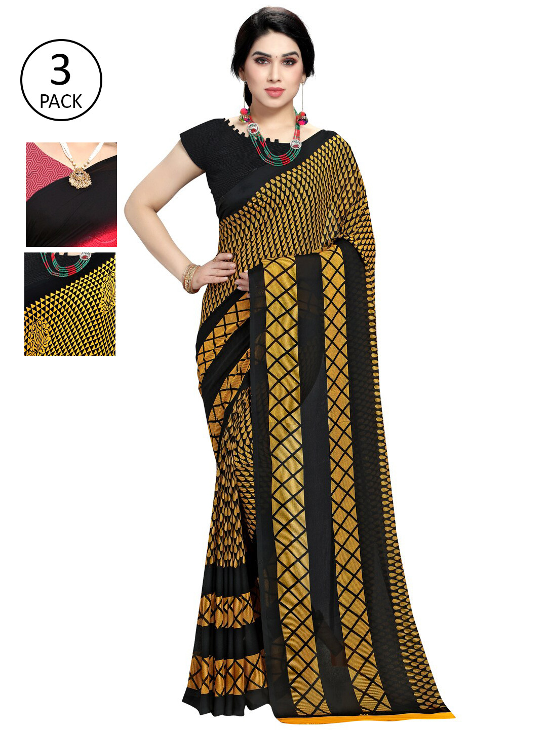 

KALINI Pack Of 3 Printed Sarees, Pink