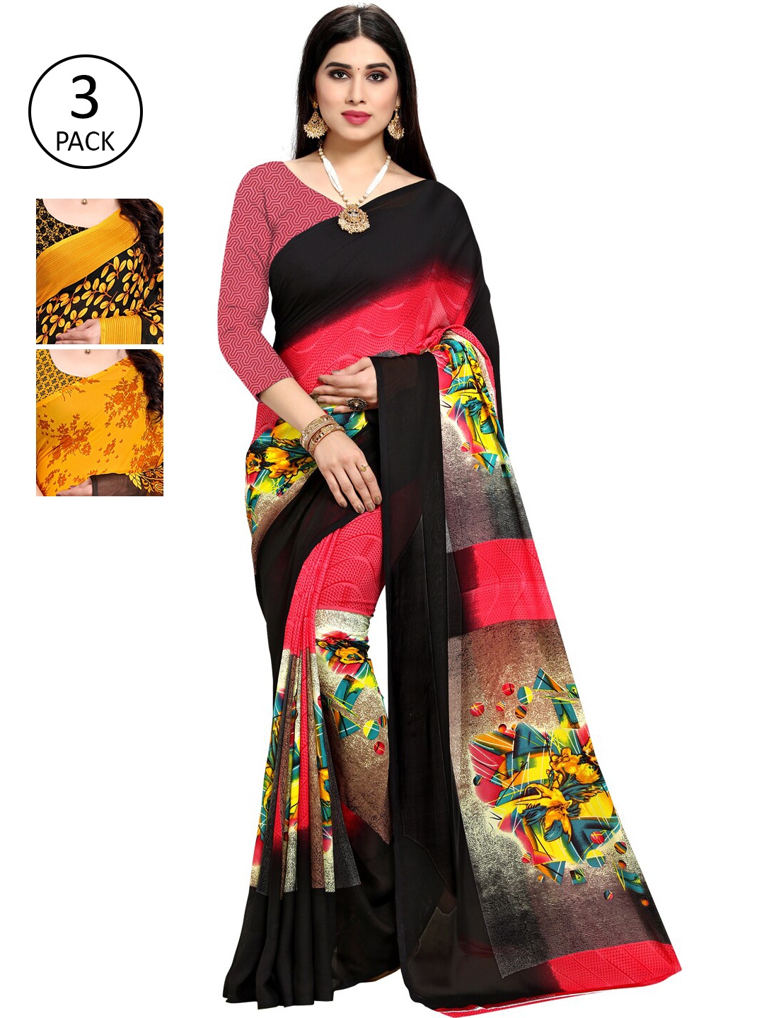 

KALINI Women Pack Of 3 Printed Saree, Yellow