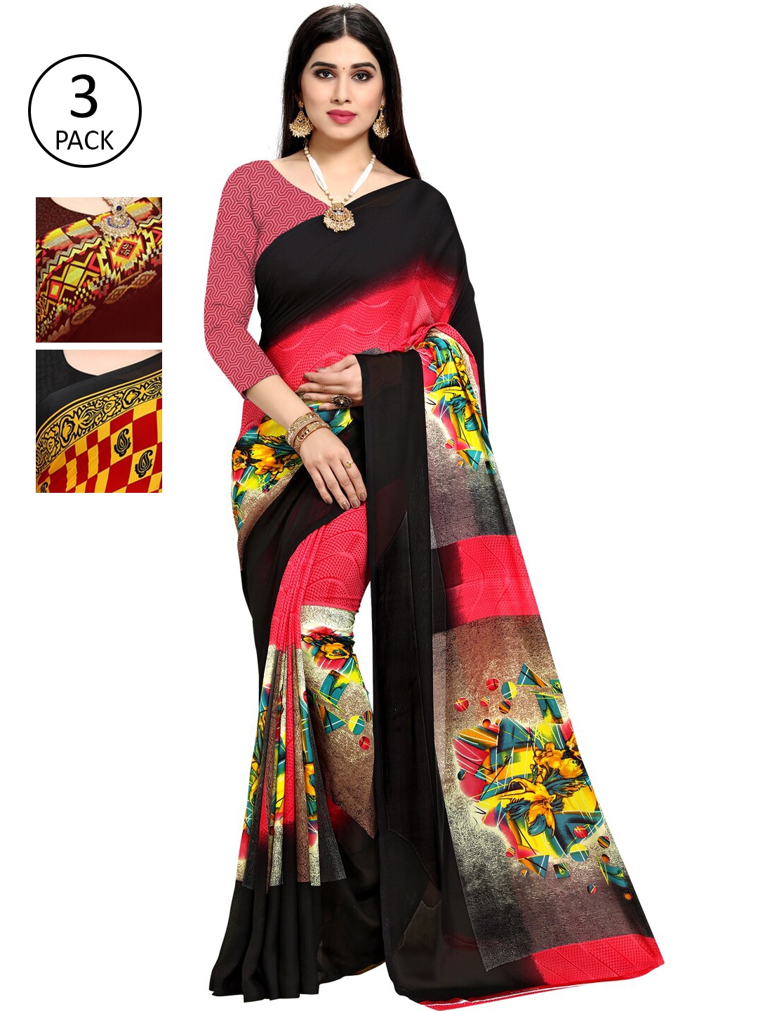 

KALINI Multicoloured Set of 3 Poly Georgette Saree, Multi