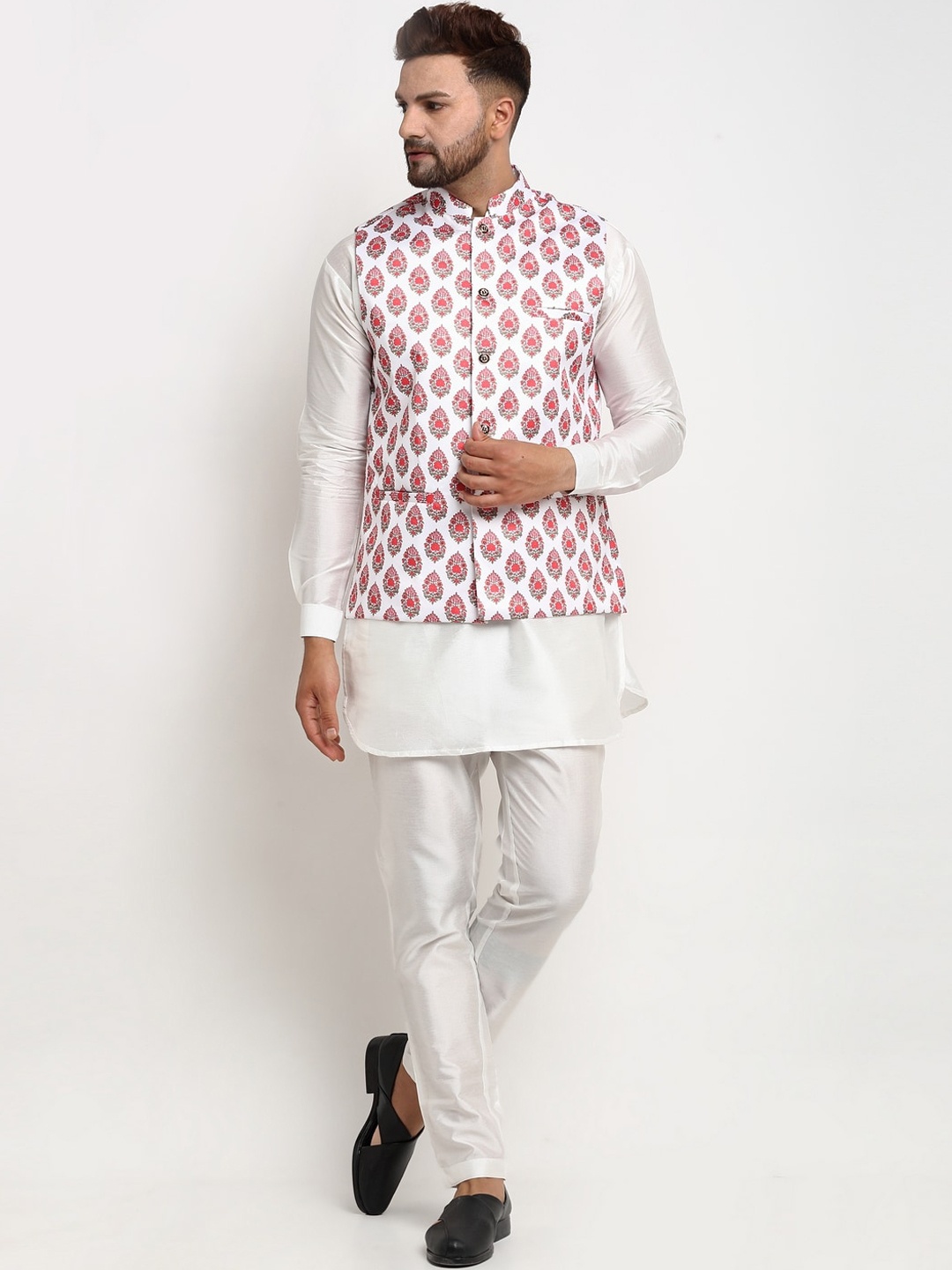 

Benstoke Men White Printed Dupion Silk Kurta Pyjamas with Nehru jacket