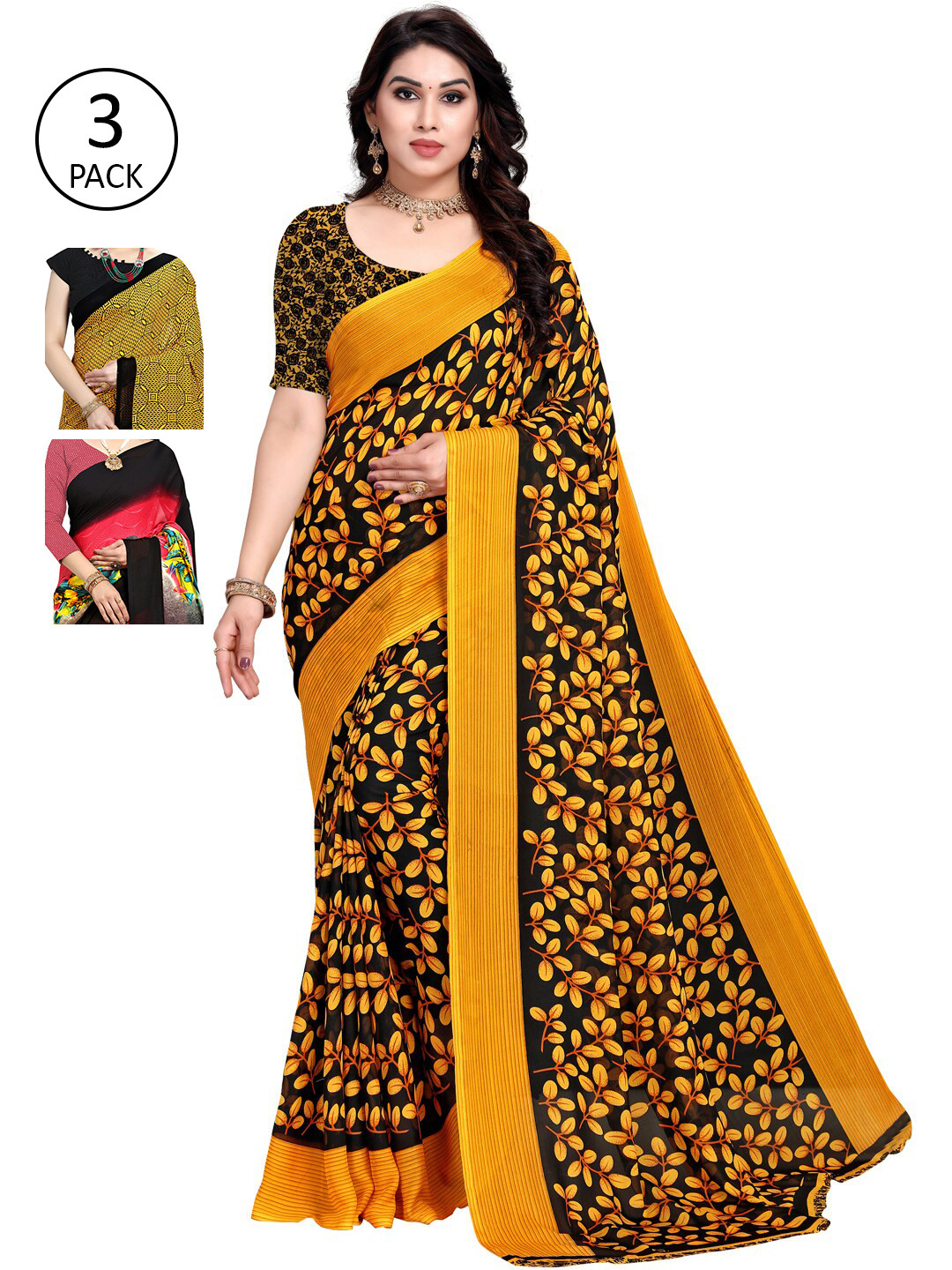 

KALINI Multicoloured Set of 3 Poly Georgette Saree, Multi