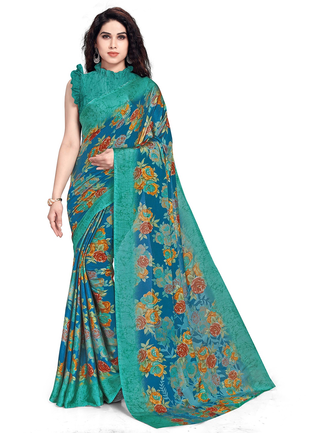 KALINI Turquoise Blue & Red Floral Printed Bagh Saree