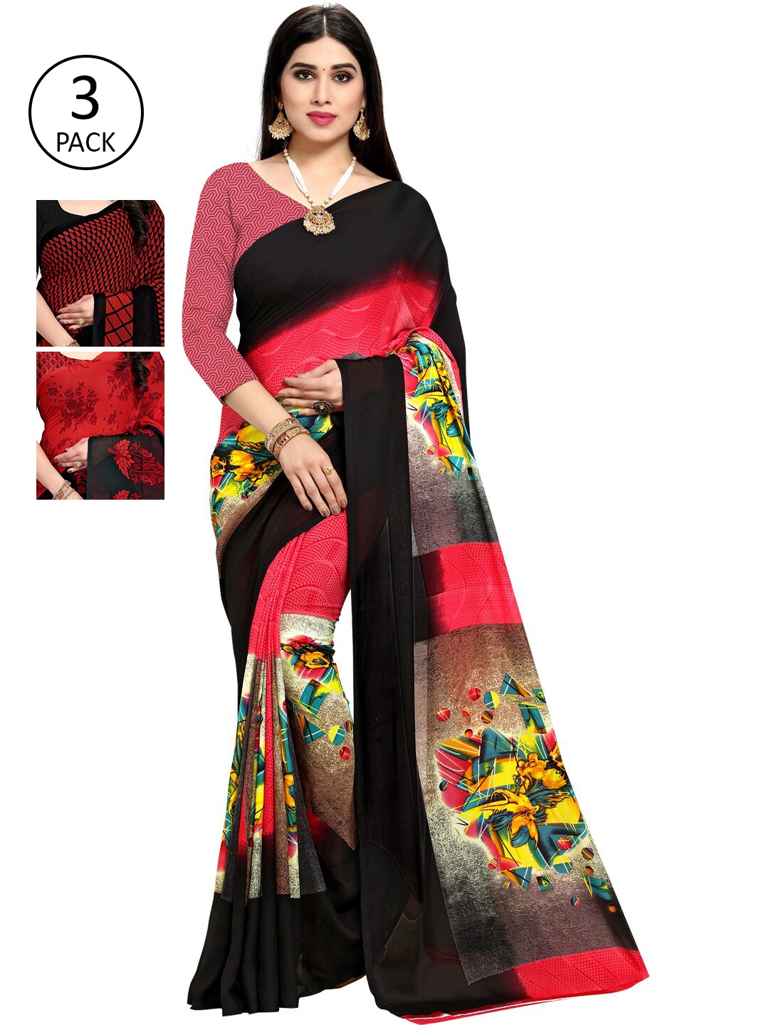 

KALINI Pack Of 3 Printed Saree, Red