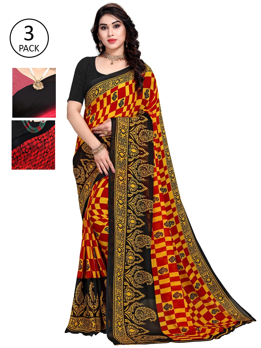 

KALINI Set of 3 Pink & Black Printed Sarees