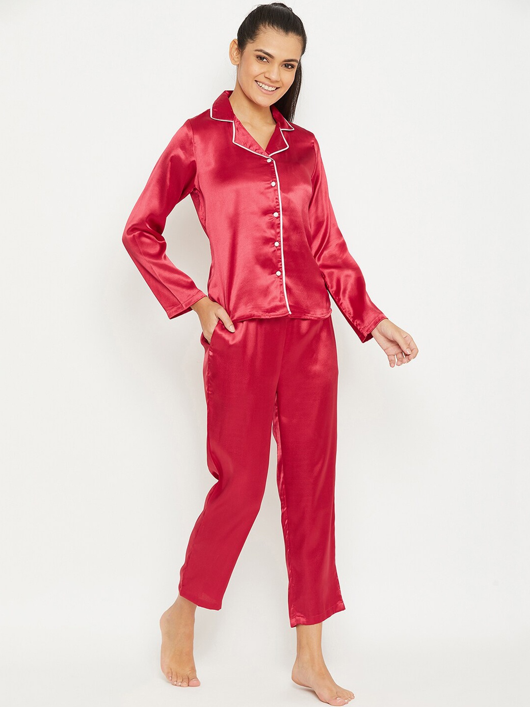 PANIT Women Red & White Satin Night suit