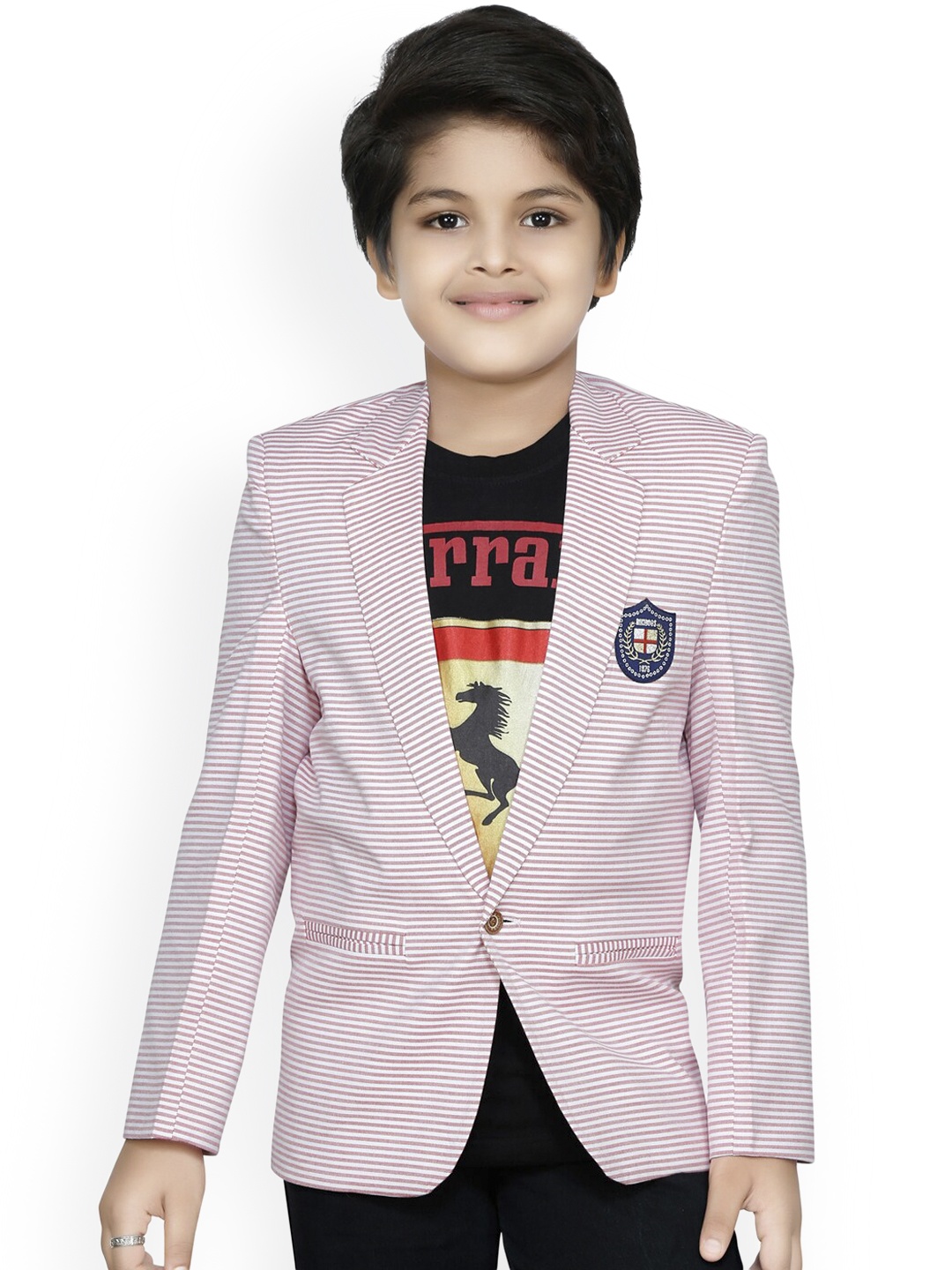 RIKIDOOS Boys Pink & White Striped Comfort-Fit Single-Breasted Blazer