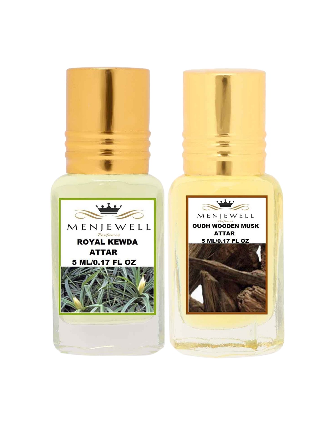 

Menjewell Pack of 2 Attar - Royal Kewda & Oudh Wooden Musk Attar 5ml Each, Yellow