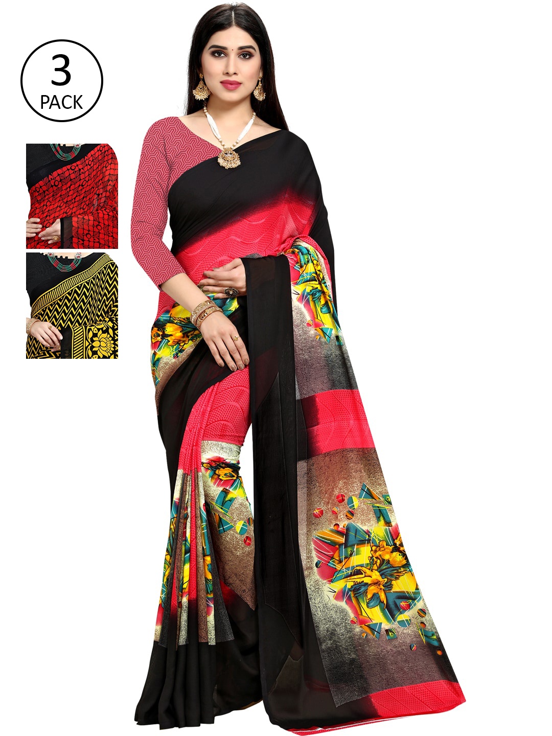 

KALINI Pack Of 3 Multicoloured Printed Sarees, Red