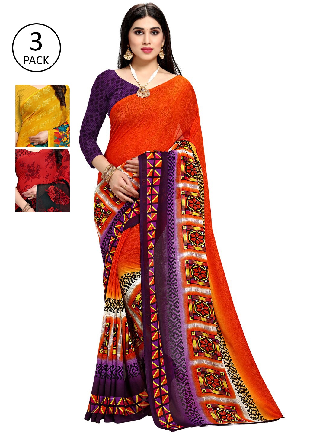 

KALINI Pack Of 3 Multicoloured Printed Sarees, Orange