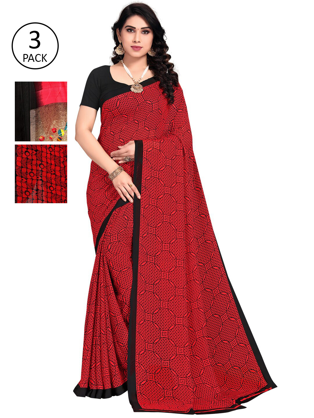 

KALINI Women Pack Of 3 Printed Saree, Red