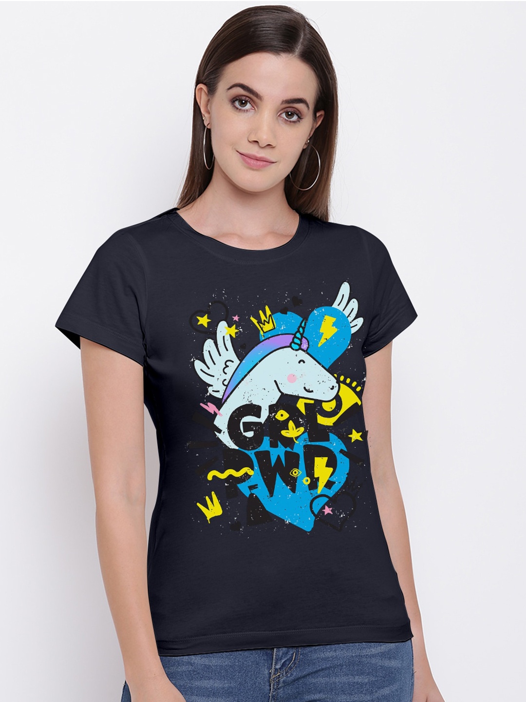 

THREADCURRY Women Navy Blue Unicorn Printed T-shirt