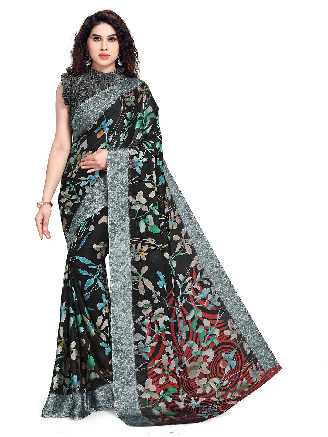 

KALINI Black & Silver-Toned Floral Bagh Saree