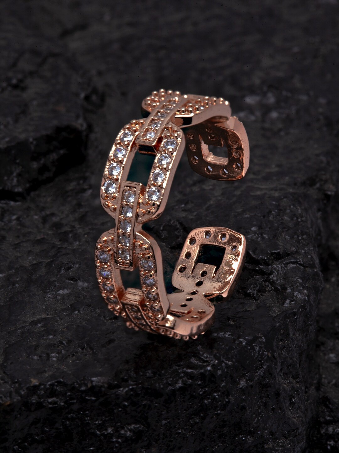 

Ferosh Rose Gold-Toned & White Stone-Studded Connected Adjustable Finger Ring