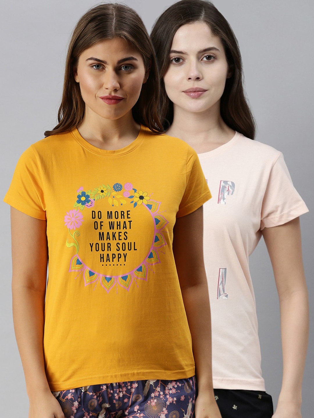 

Kryptic Women Pack Of 2 Typography Printed Pure Cotton Lounge T-Shirts, Mustard