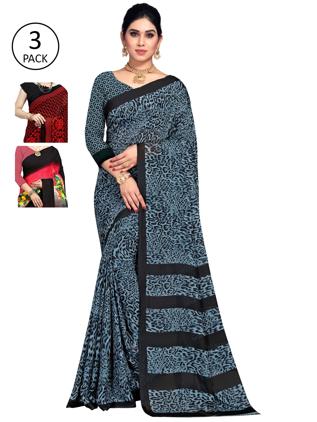 

KALINI Pack Of 3 Printed Sarees, Blue