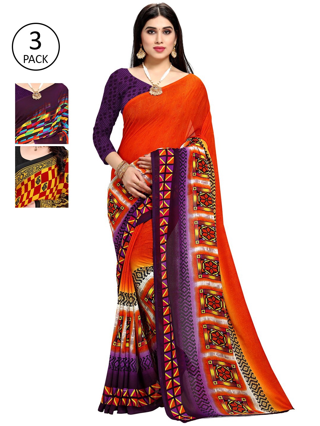 

KALINI Women Pack Of 3 Printed Saree, Orange