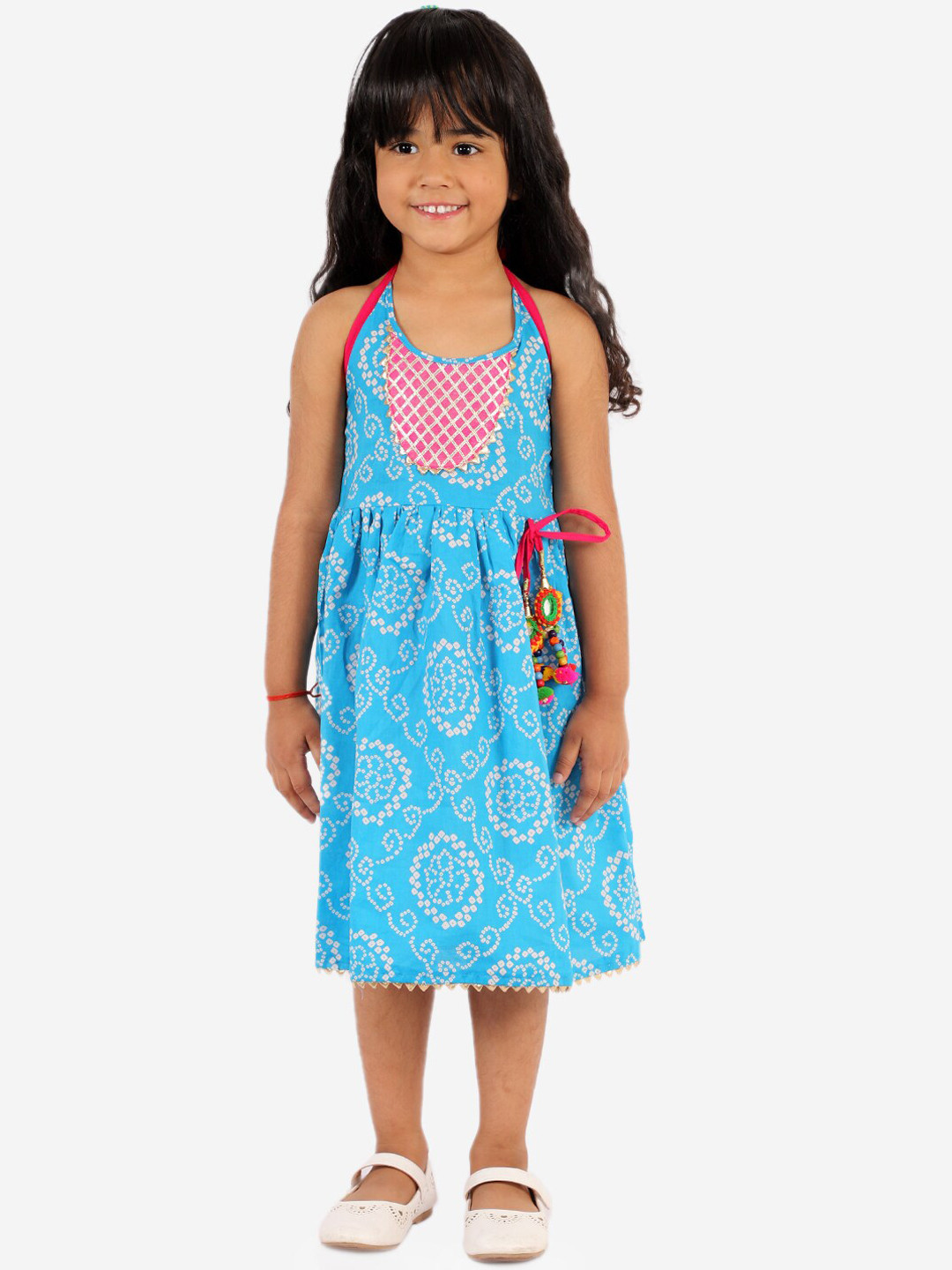 

KID1 Girls Blue & White Bandhani Print Cotton Fit and Flare Dress