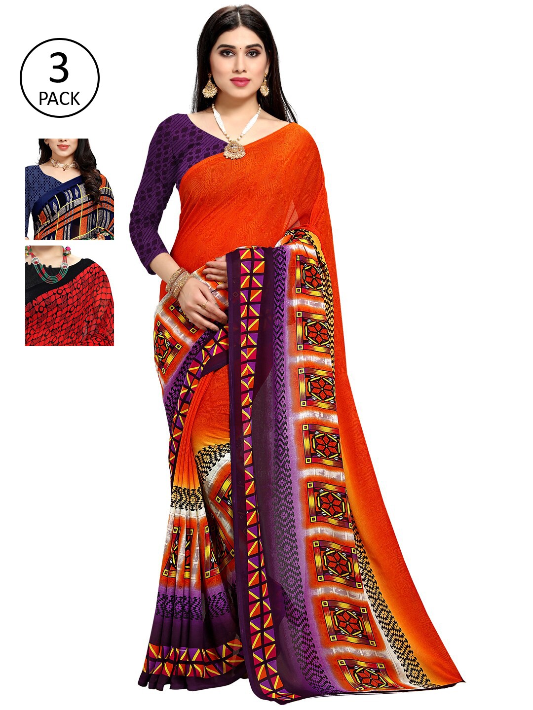 

KALINI Set of 3 Orange & Red Printed Sarees