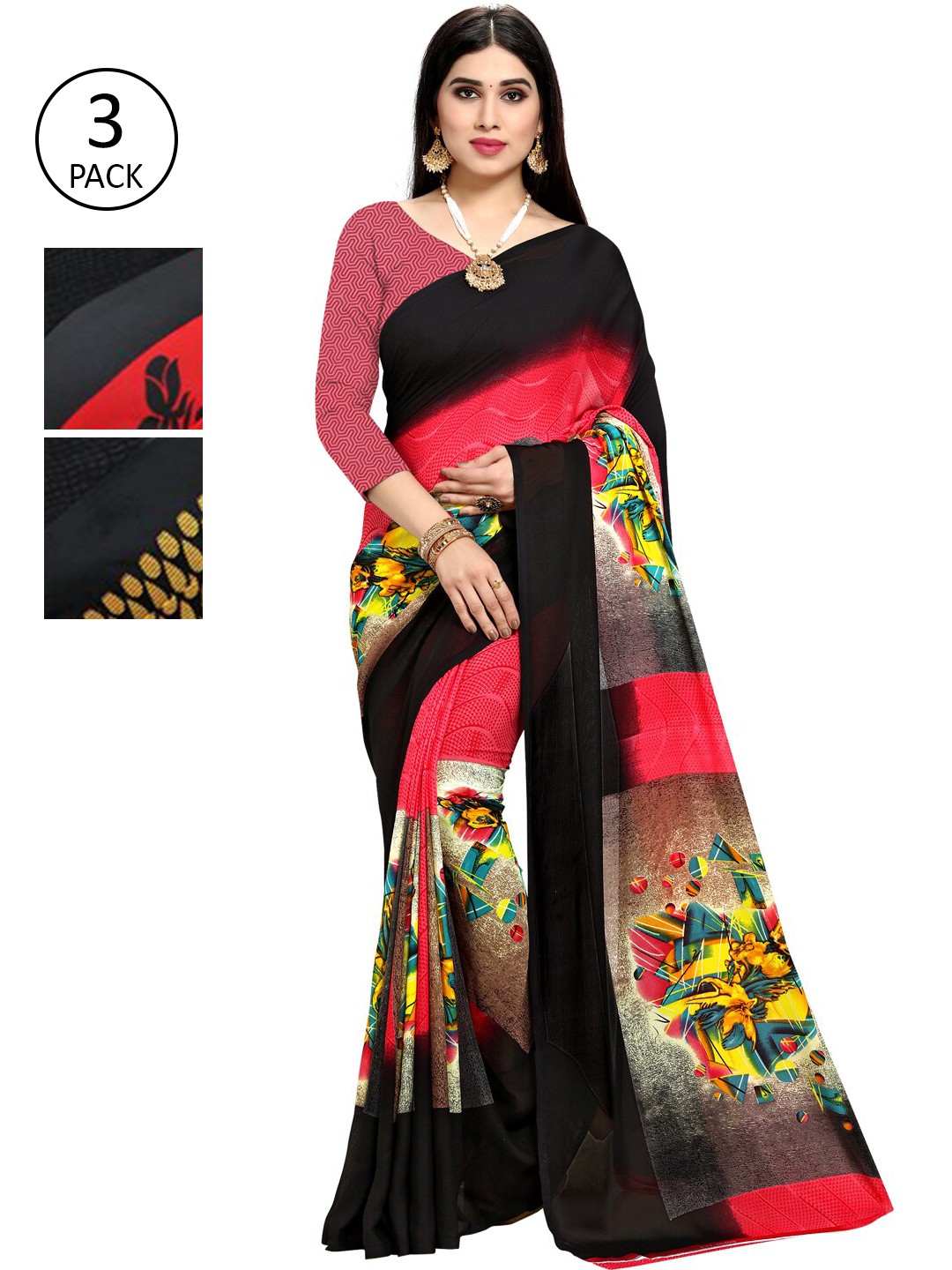 

KALINI Pack Of 3 Printed Saree, Black