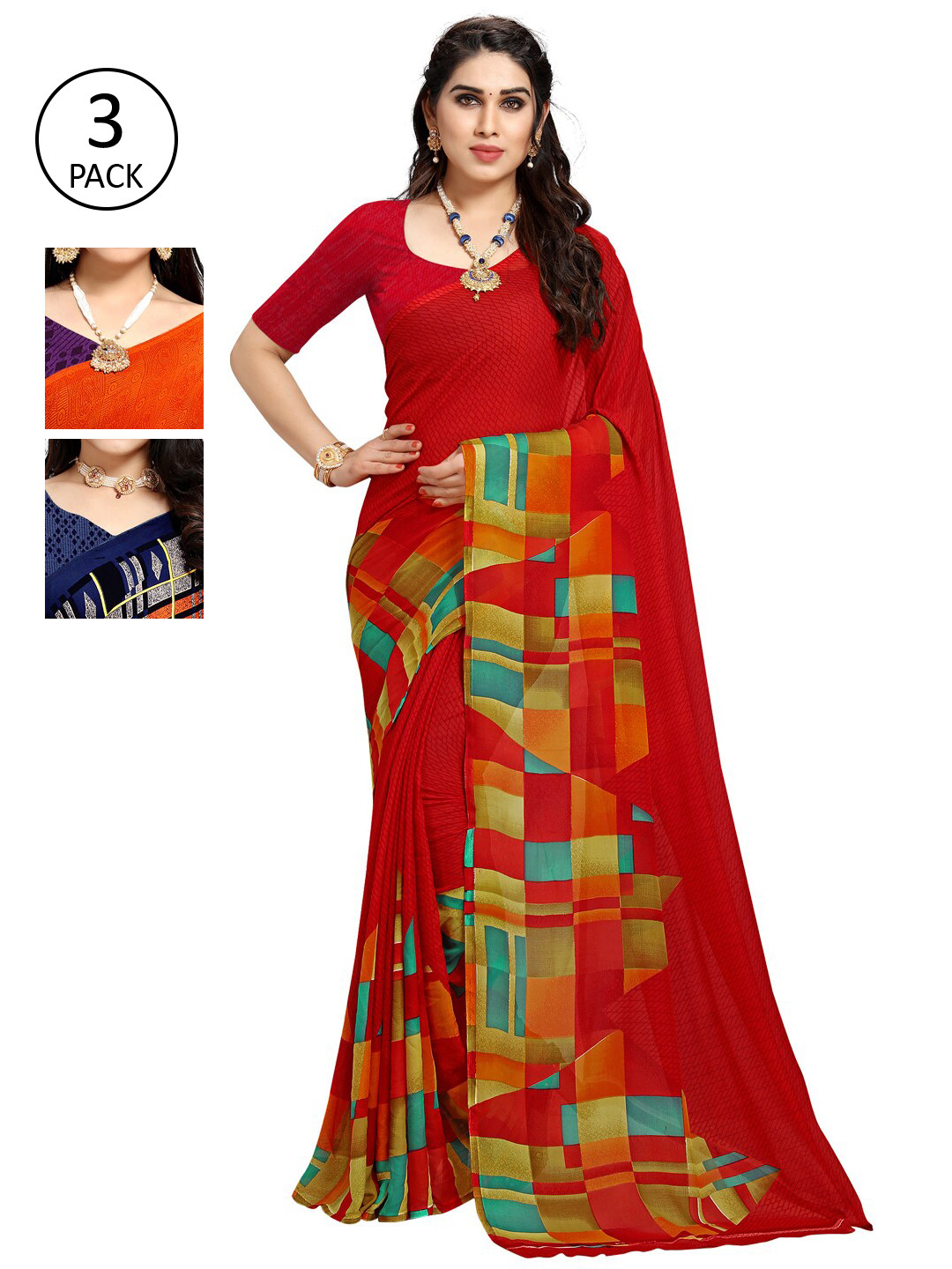 

KALINI Pack Of 3 Multicoloured Printed Sarees, Orange