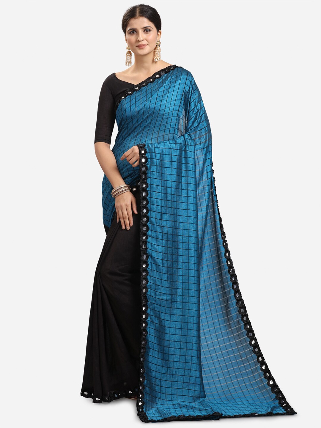 

KALINI Blue & Black Checked Mirror Work Silk Blend Half and Half Mysore Silk Saree
