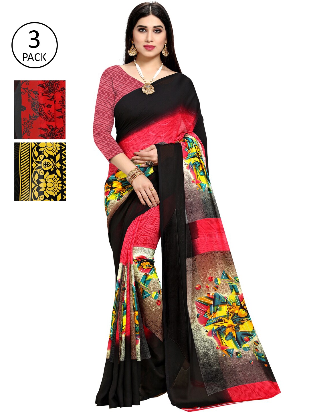 

KALINI Set of 3 Yellow & Pink Printed Sarees
