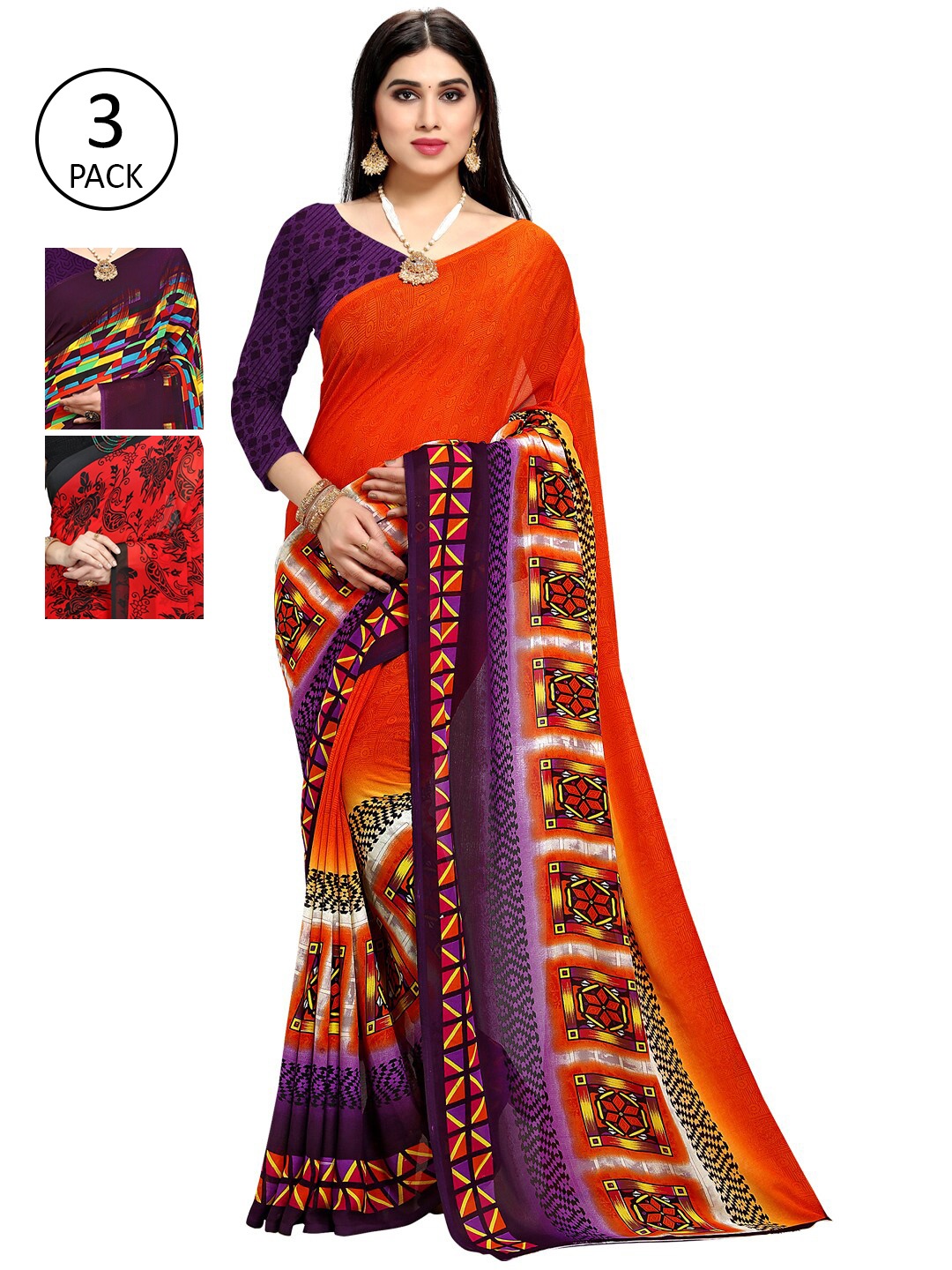 

KALINI Women Pack Of 3 Printed Saree, Orange