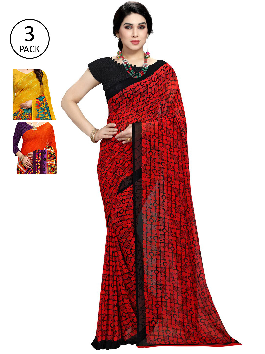 

KALINI Women Pack Of 3 Printed Saree, Orange