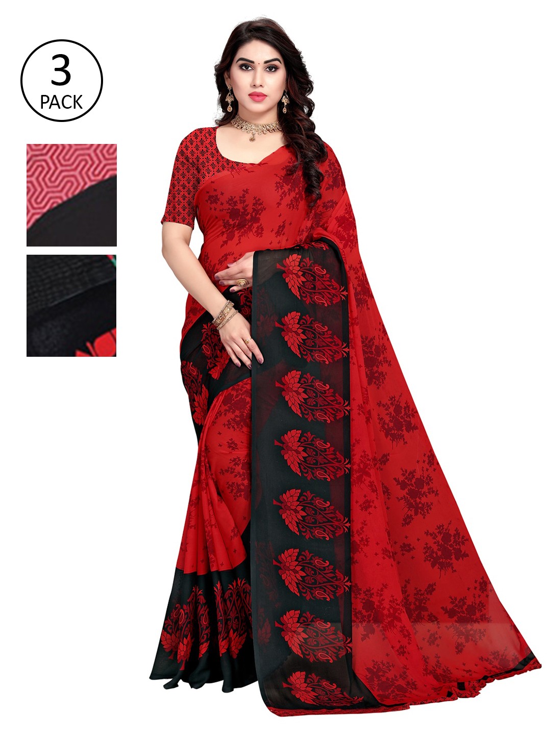 

KALINI Women Pack Of 3 Printed Saree, Red