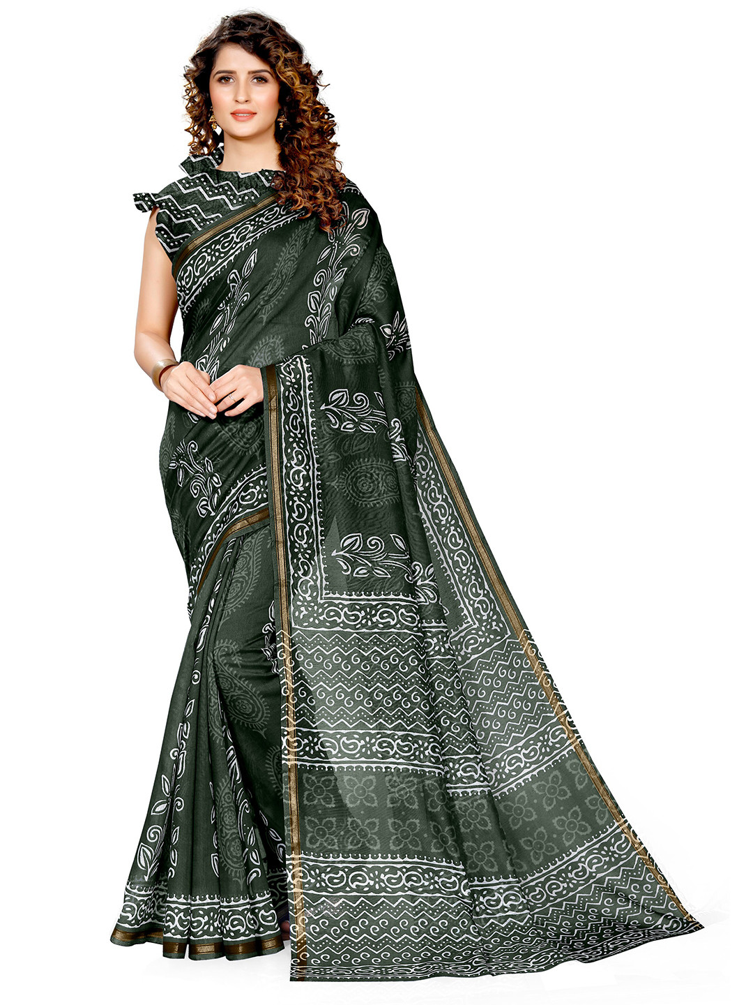 

KALINI Women Green & White Cotton Paisley Printed Saree