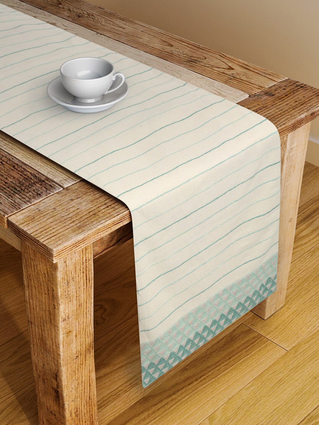 

Fabindia Cream-Colored &Teal Green Striped Pure Cotton Table Runners