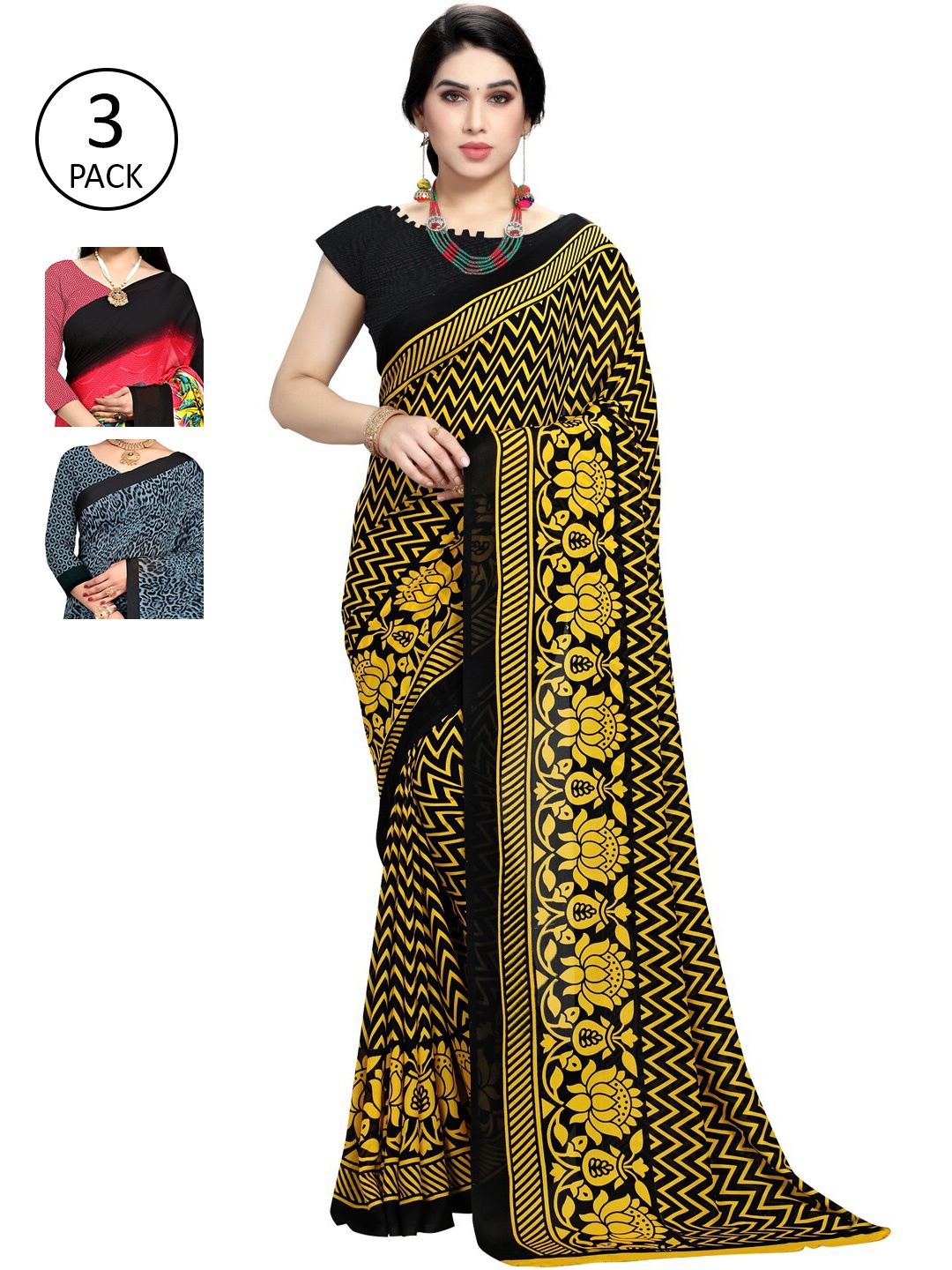 

ANAND SAREES Set of 3 Yellow & Pink Printed Sarees