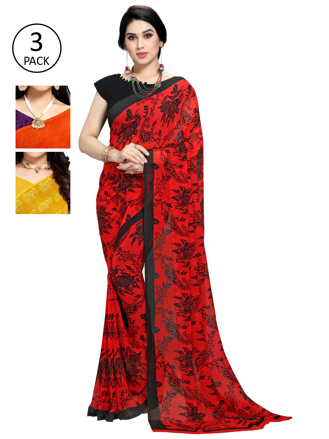 

KALINI Pack Of 3 Multicoloured Printed Sarees, Orange
