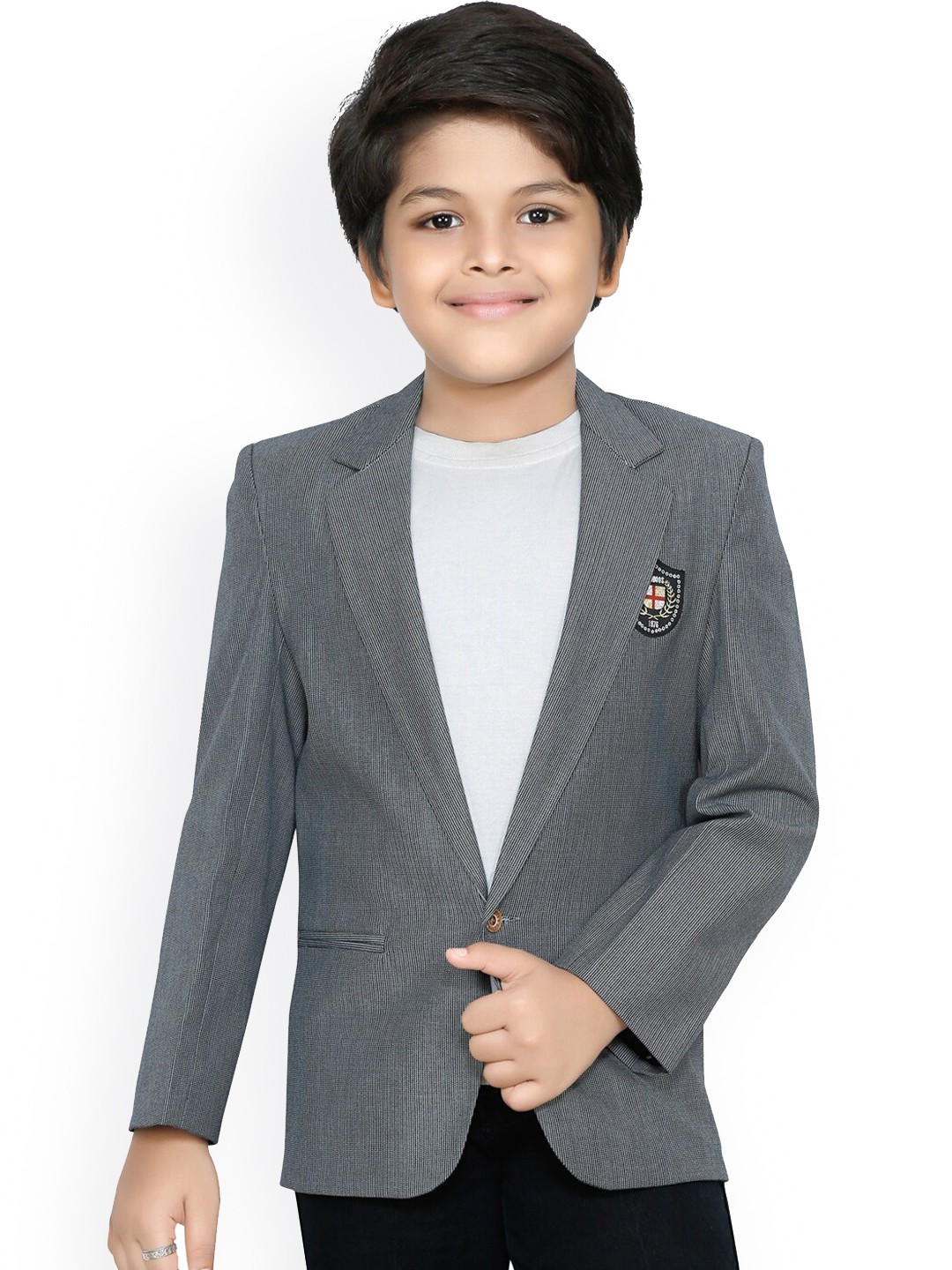 

RIKIDOOS Boys Grey Self Design Comfort-Fit Cotton Single-Breasted Casual Blazer