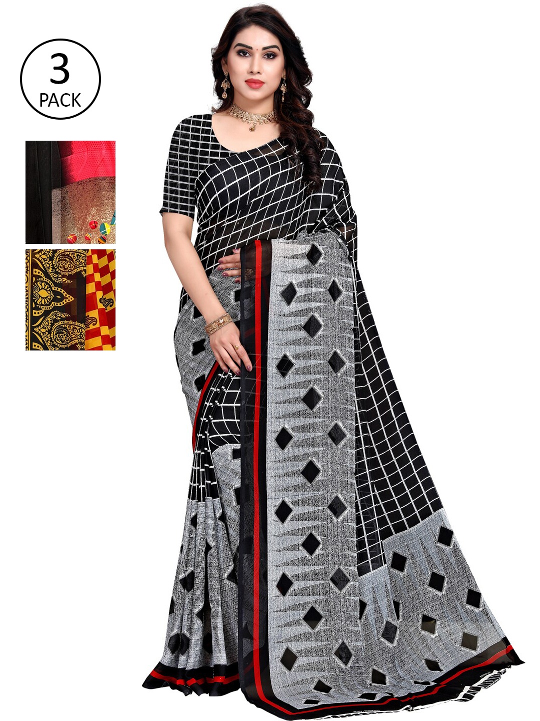 

KALINI Pack Of 3 Printed Sarees, Black