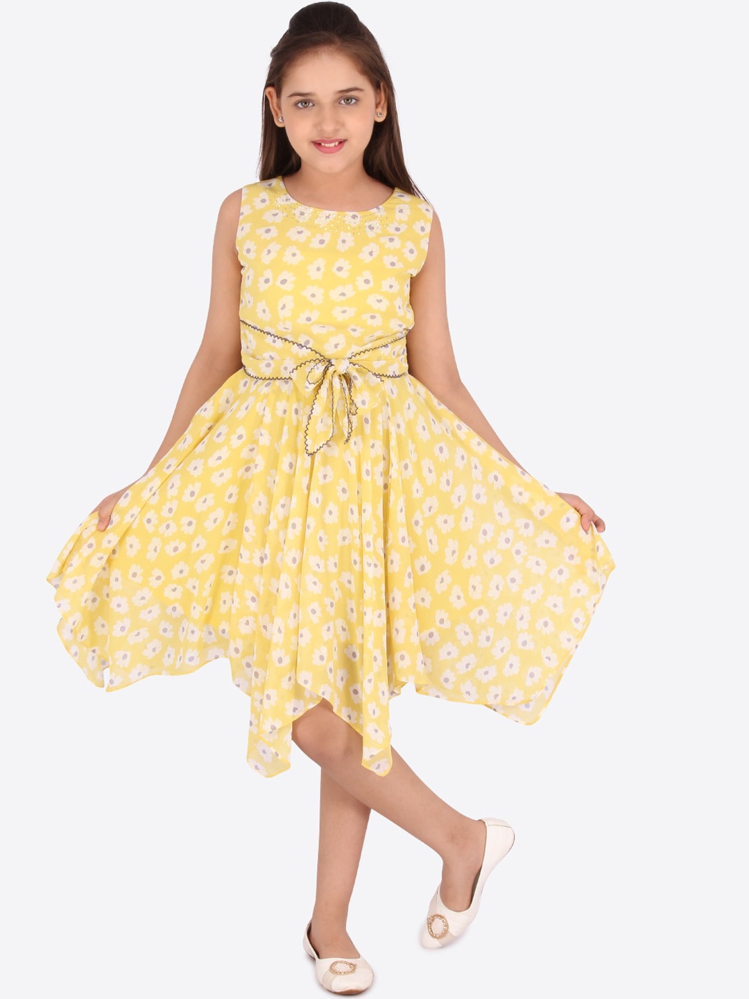 CUTECUMBER Girls Yellow Floral Printed Fit & Flare Georgette Dress