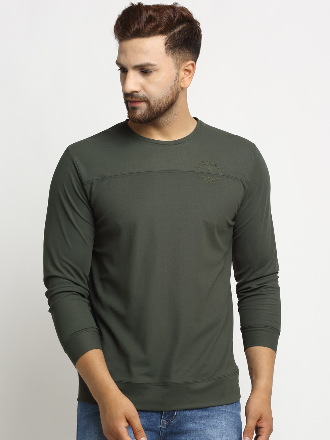 

PERFKT-U Men Olive Green Solid Sweatshirt